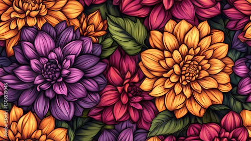 Wallpaper Mural Vibrant floral pattern featuring colorful dahlias in various shades Generative AI Torontodigital.ca