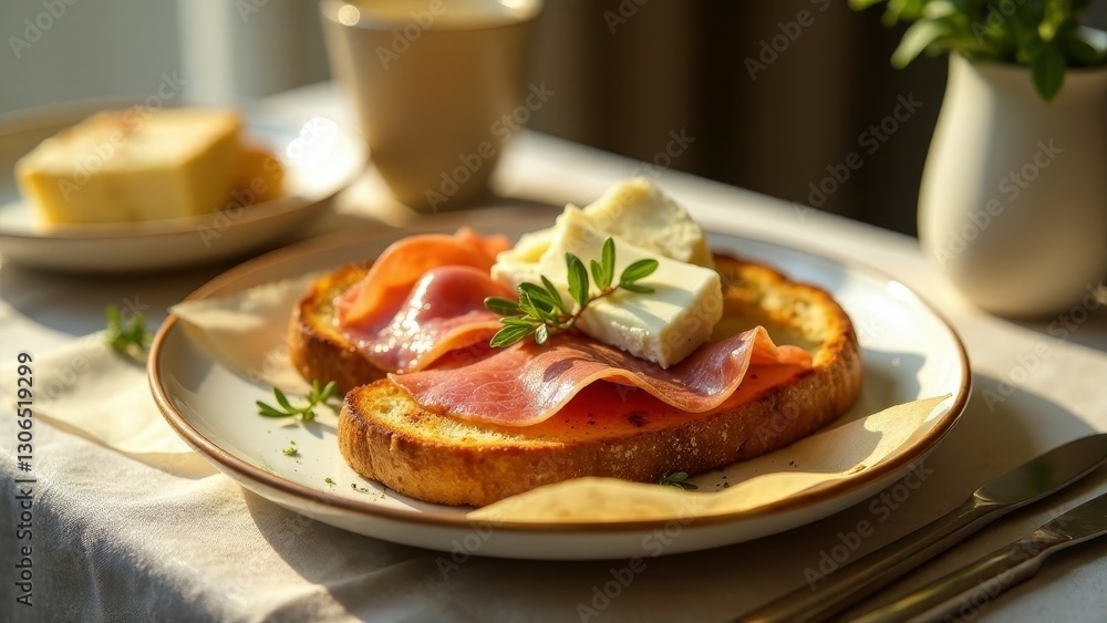 Savory Toasted Bread with Delicate Ham and Creamy Cheese, Sunlight Illuminating a Delicious Breakfast Savory Toasted Bread with Delicate Ham and Creamy Cheese, Sunlight Illuminating a Delicious Breakfast