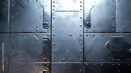 Fototapeta Naklejka Na Ścianę i Meble -  Metal panels on spaceship hull, spotlight, dark background, for texture