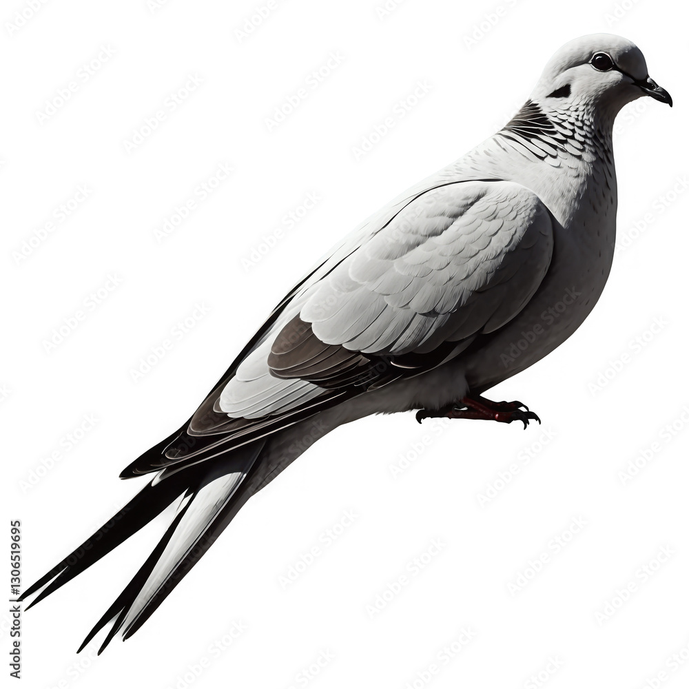 Naklejka premium Pale Dove Bird Standing Isolated, Feathers Detail. Light Gray and Black color bird on transparent background. PNG