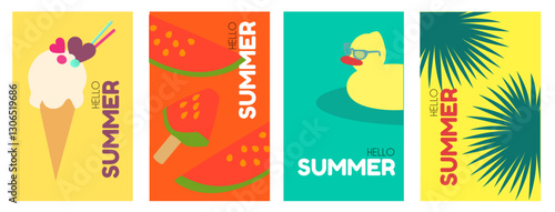 Hello, Summer! Tropical vacation design template set. Minimal shapes