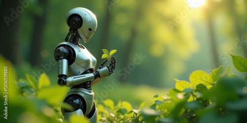 Wallpaper Mural A Futuristic Robot Gently Holds a Delicate Sprout in a Sun-Dappled Forest, Representing Technological Harmony with Nature Torontodigital.ca