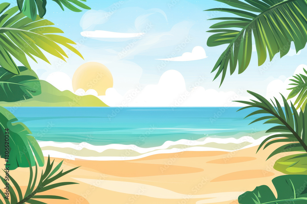 Fototapeta premium Beach sand background for summer vacation background in illustration. Beach nature with sunlight light, sandy beach and green palm tree