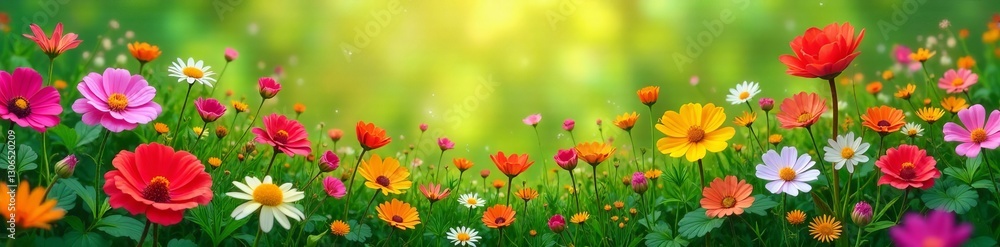 Aerial view of a colorful meadow with isolated flowers in a decorative wallpaper, bloom, garden, design Aerial view of a colorful meadow with isolated flowers in a decorative wallpaper, bloom, garden, design