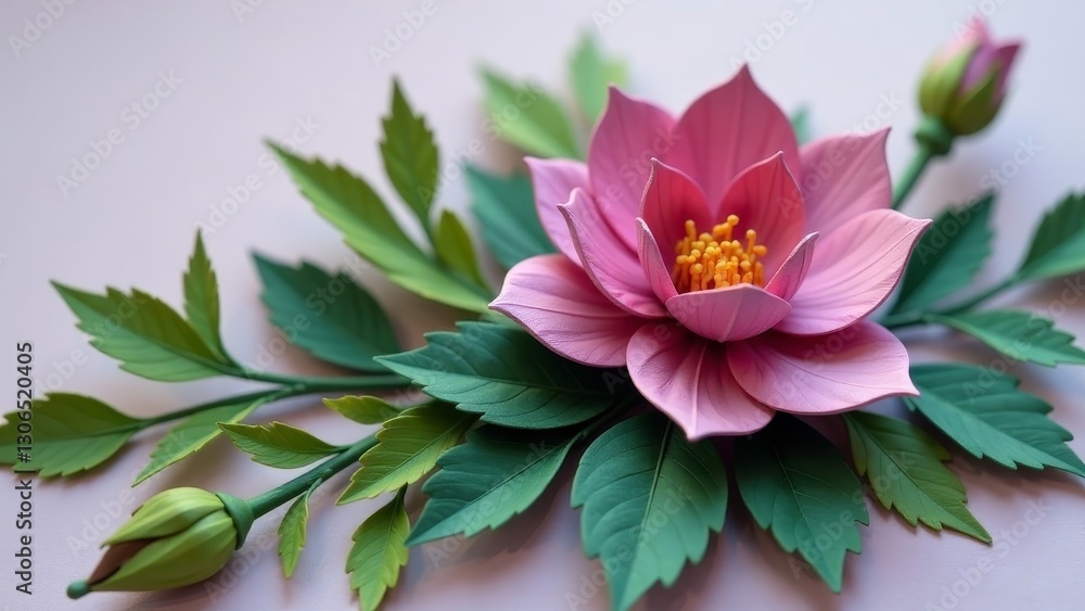 Obraz premium Delicate Pink Flower with Lush Green Foliage, a Close-Up Artisan Floral Arrangement