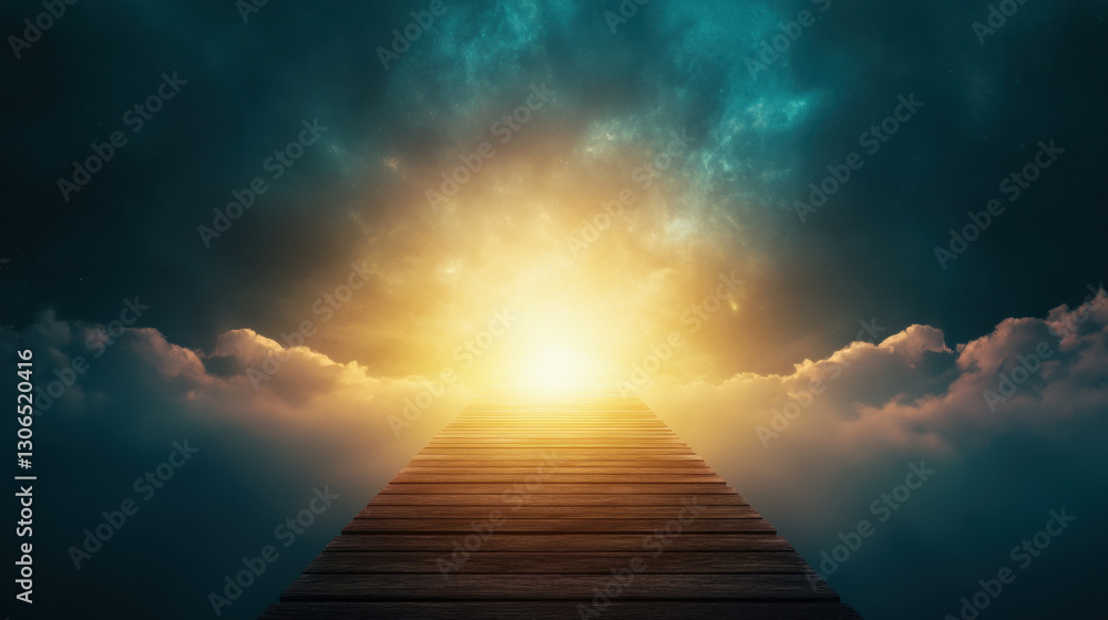 glowing pathway leads to bright horizon, surrounded by clouds and dramatic sky, evoking sense of hope and journey glowing pathway leads to bright horizon, surrounded by clouds and dramatic sky, evoking sense of hope and journey