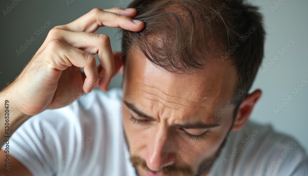 Man checks thinning hairline and scalp, worried by hair loss. Baldness treatment, hair implantation, transplant or restoration may be needed. Male pattern baldness affects confidence and looks. Man checks thinning hairline and scalp, worried by hair loss. Baldness treatment, hair implantation, transplant or restoration may be needed. Male pattern baldness affects confidence and looks.