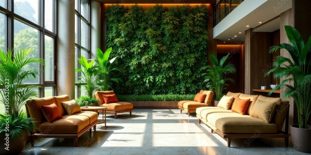 Fototapeta premium Luxurious Living Room with Abundant Natural Light and a Vibrant Vertical Garden Feature