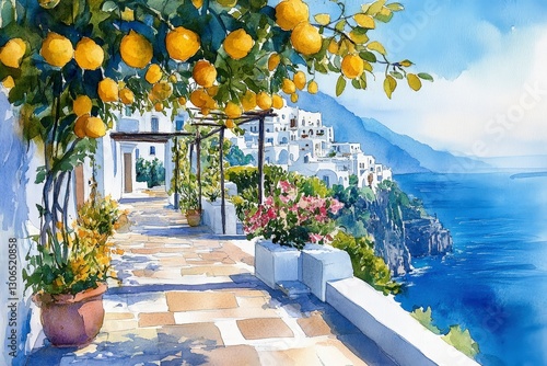 Vibrant Lemon Trees Overlooking Stunning Coastal Landscape in Watercolor Art