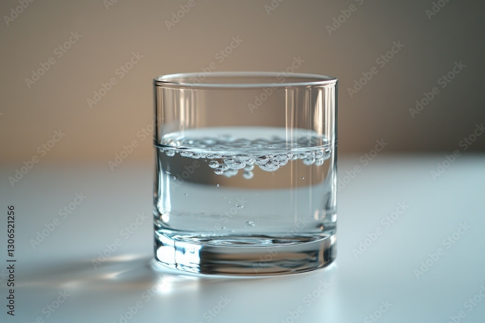 A clear glass containing water placed on a surface A clear glass containing water placed on a surface