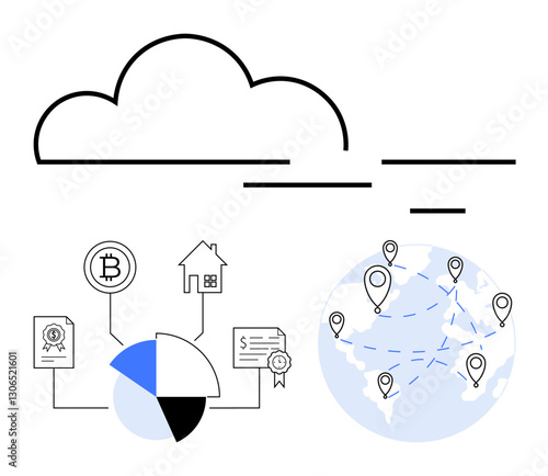 Cloud network connecting cryptocurrency, real estate, data visualizations, and global location markers. Ideal for blockchain, fintech, data sharing, global connectivity, finance real estate digital