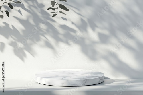 Displaying Product on Marble Podium with Leaf Shadows Against White Wall