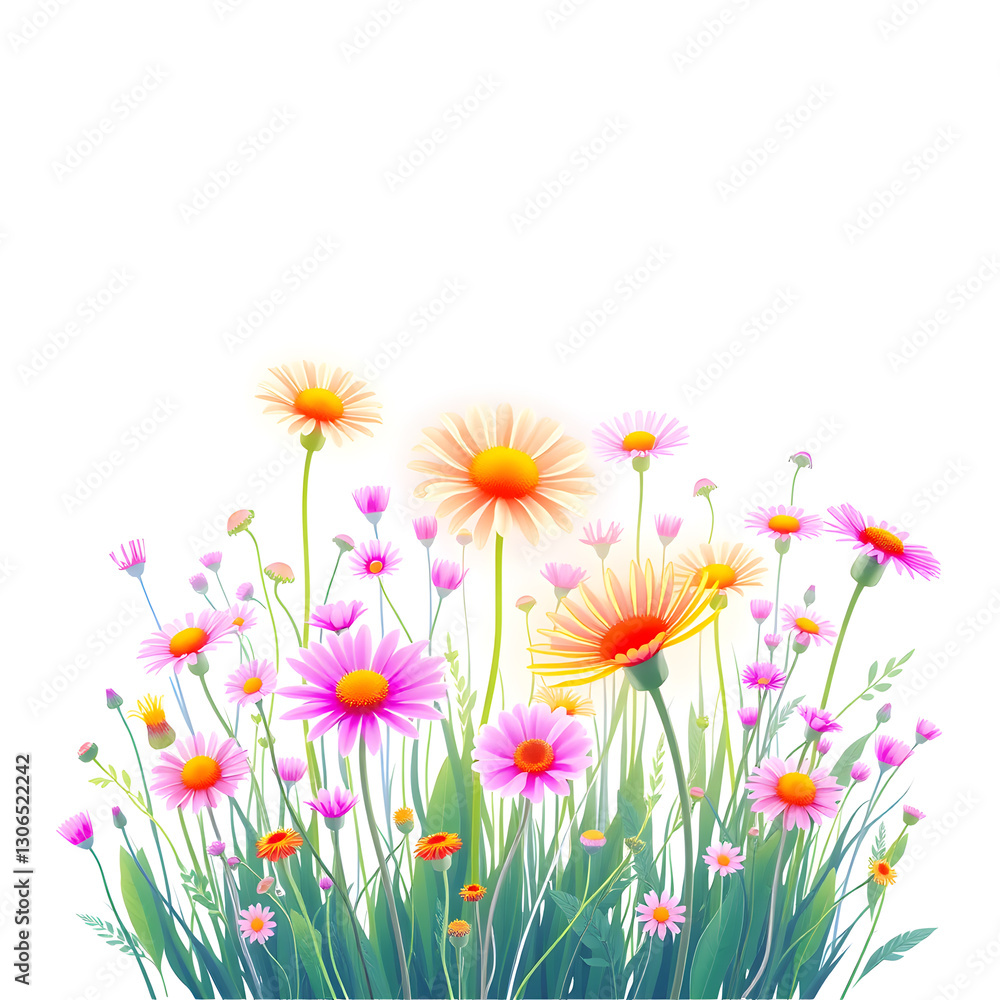 Fototapeta premium Wildflower meadow holographic 3D icon. neon symbol vector illustration isolated on white background. Generative AI