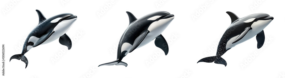 Three playful orca whales in dynamic poses Three playful orca whales in dynamic poses