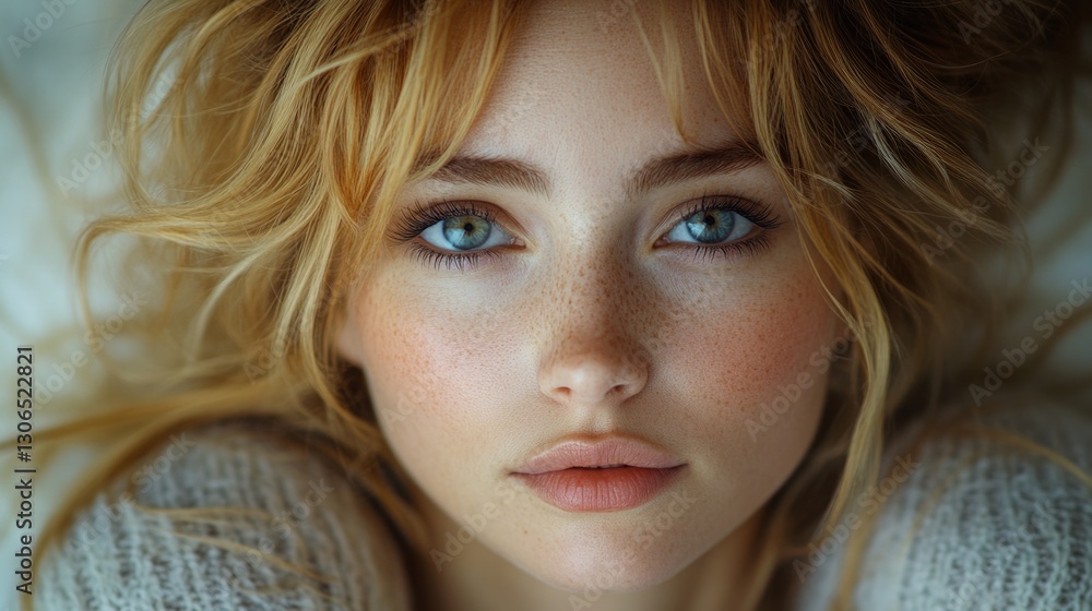 Close-up portrait of a woman with distinctive freckles on her face Close-up portrait of a woman with distinctive freckles on her face