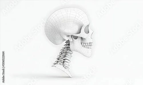 3D Wireframe Model of a Human Skull and Cervical Spine Anatomy