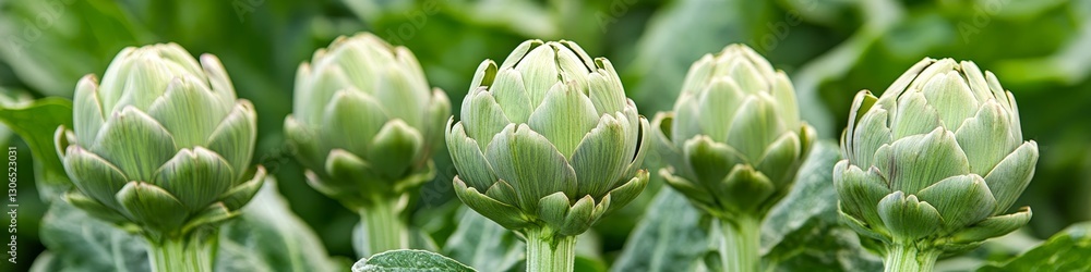 Fototapeta premium Close-up Vibrant Green Artichoke Buds Flourishing in the Field, Fresh and Ready for Harvest.