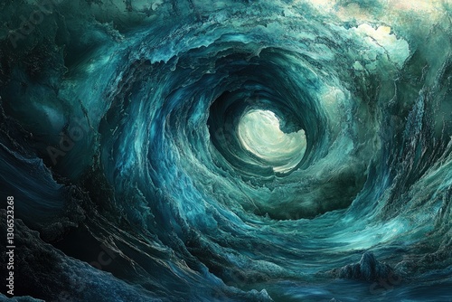 A mesmerizing digital artwork depicting a swirling vortex of teal and dark blue ocean waves, creating a captivating underwater abyss. photo