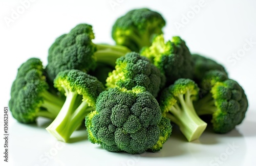 Fresh cut broccoli florets close-up on white background. Green raw food rich of vitamins. Healthy organic vegan, vegetarian produce stems for culinary diet. Cooking ingredient full of antioxidants. photo