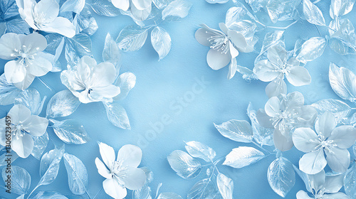 Wallpaper Mural pattern delicate white winter flowers with frosty leaves on a light icy blue background high quality  Torontodigital.ca