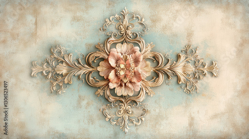 An artistic ornamental design, symmetrical floral motif with elaborate detailing, washed-out pastel tones of blush and teal