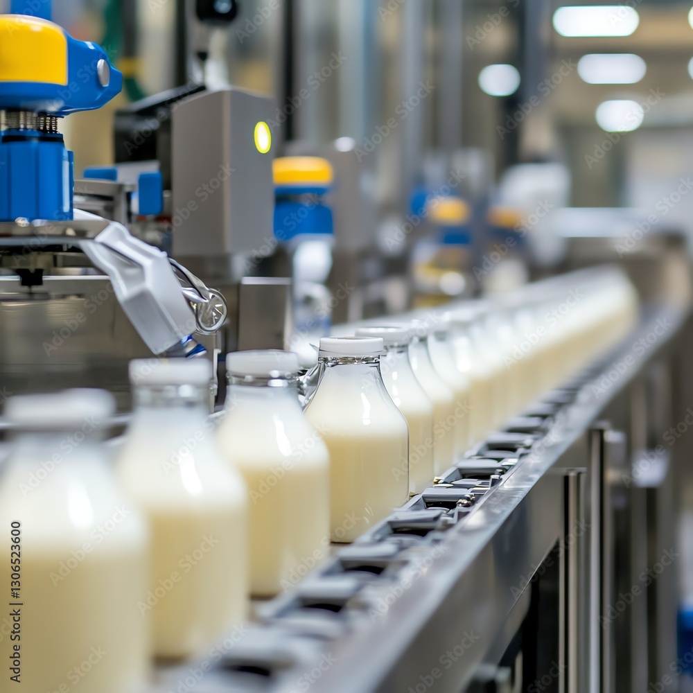 Bottles of fresh milk on a production line in a dairy factory. Bottles of fresh milk on a production line in a dairy factory.