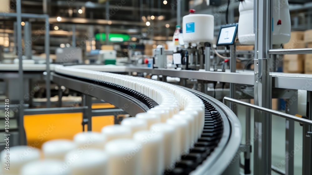 Factory production line with bottles on conveyor belt, industrial setting, focus on machinery. Factory production line with bottles on conveyor belt, industrial setting, focus on machinery.