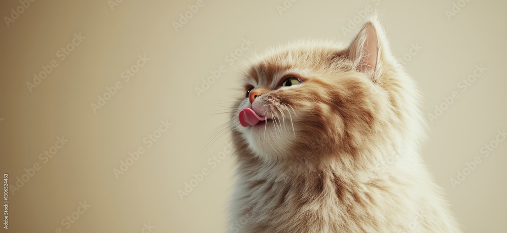 Fluffy orange Persian cat licking its nose in soft light Fluffy orange Persian cat licking its nose in soft light