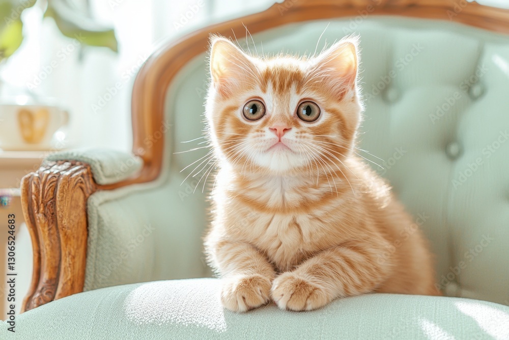 Fototapeta Cute Kitten in Cozy Cat Cafe Concept. Cute orange kitten sitting on a vintage chair in bright sunlight