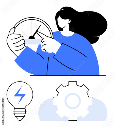 Woman adjusts speed gauge signifying progress. Includes gear for process, lightning bulb for energy. Ideal for productivity, innovation, efficiency, technology, management, planning brainstorming