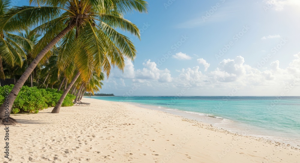 Obraz premium Virginia beach beautiful tropical beach with palm trees, coconut palms, and clear blue water under a sunny sky