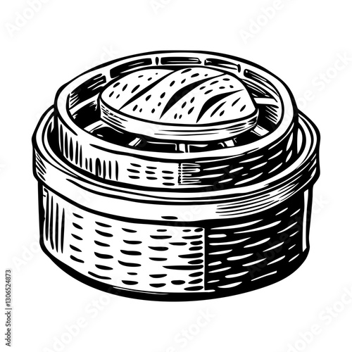 A vintage style illustration of bamboo steamer