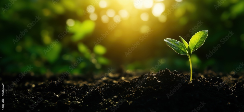 New plant sprouting from rich soil in sunlight, symbolizing growth and renewal New plant sprouting from rich soil in sunlight, symbolizing growth and renewal