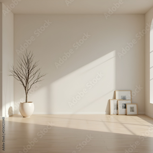 minimalist scandinavian interior with empty wall and winter tree in planter