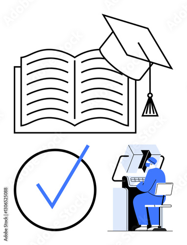 Open book with graduation cap, large checkmark, person studying at a computer. Ideal for education, online learning, achievement, self-improvement, exams certifications student life. Flat simple