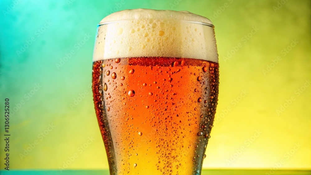 Chilled Golden Beer Glass with Bubbles Against Colorful Background Chilled Golden Beer Glass with Bubbles Against Colorful Background