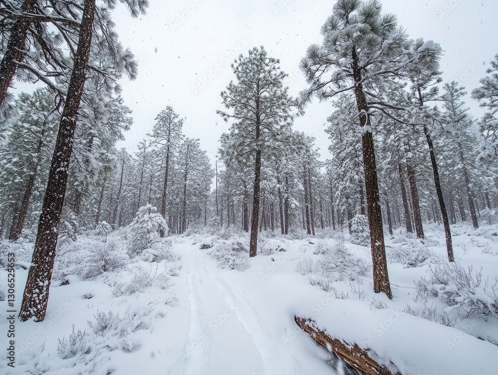 snow-covered pine forest, capturing the tranquillity of falling snowflakes against the serene backdrop snow-covered pine forest, capturing the tranquillity of falling snowflakes against the serene backdrop