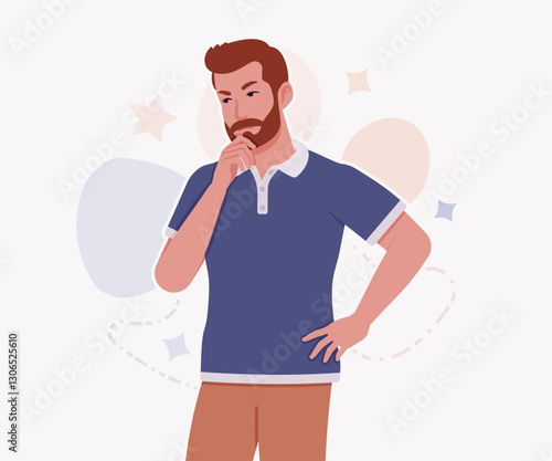 Man, bearded handsome guy in casual sporty wear thinking pose. Stylish athletic sportswear polo, modern active fit city leisure, comfort. Vector flat style cartoon illustration, creative background