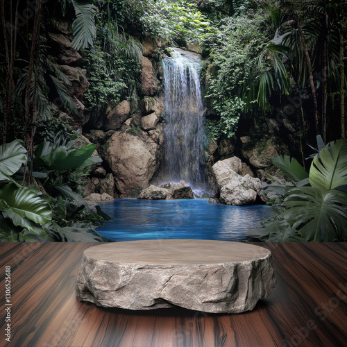 round stone podium against the backdrop of a waterfall
