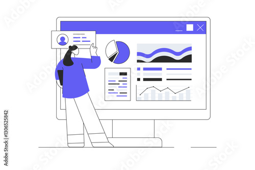 Digital business concept. Woman working with graph statistics of company and planning investments. Flat Cartoon Vector Illustration, icon. Stylish abstract Flat design for website