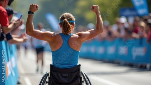 Woman in a wheelchair is running a race and is being cheered on by a crowd. Concept of determination and perseverance