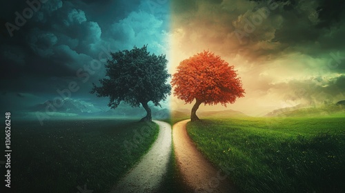 A crossroads with two roads leading to different natural landscapes, one dark and stormy, the other sunny and green, symbolizing choices in life.