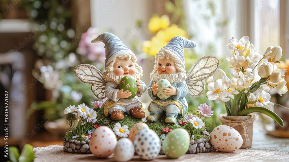 Fototapeta premium A cute Easter gnome and fairy with wings holding an egg, sitting on the table in front of them is an Easter garden figurine with flowers, mushrooms, and eggs. 