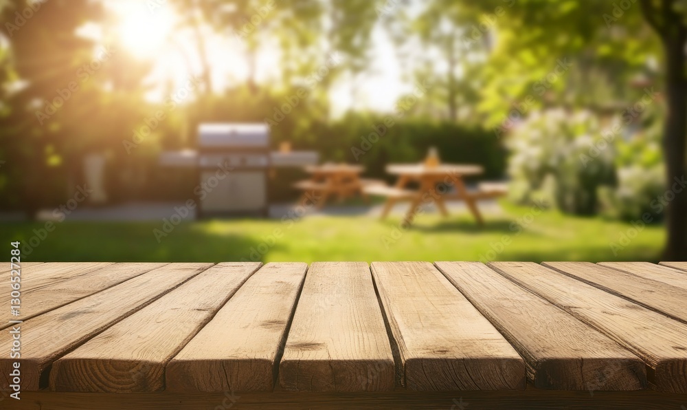 Wooden Table Surface with Outdoor Barbecue Scene for Product Display Wooden Table Surface with Outdoor Barbecue Scene for Product Display