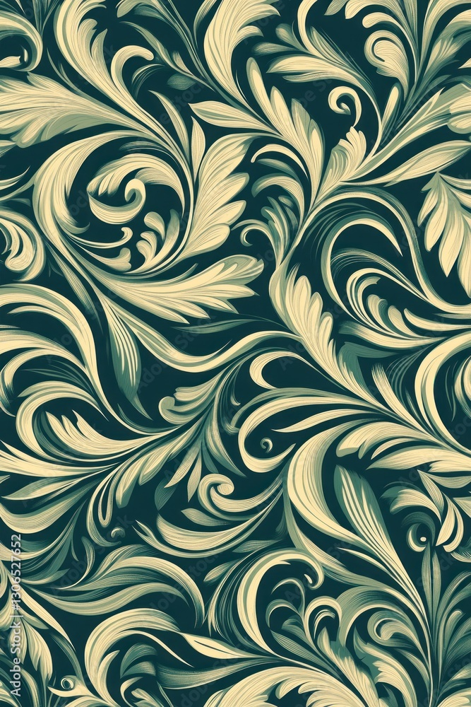 Detailed ornate floral pattern in teal and beige, elegant and lavish design. Detailed ornate floral pattern in teal and beige, elegant and lavish design.