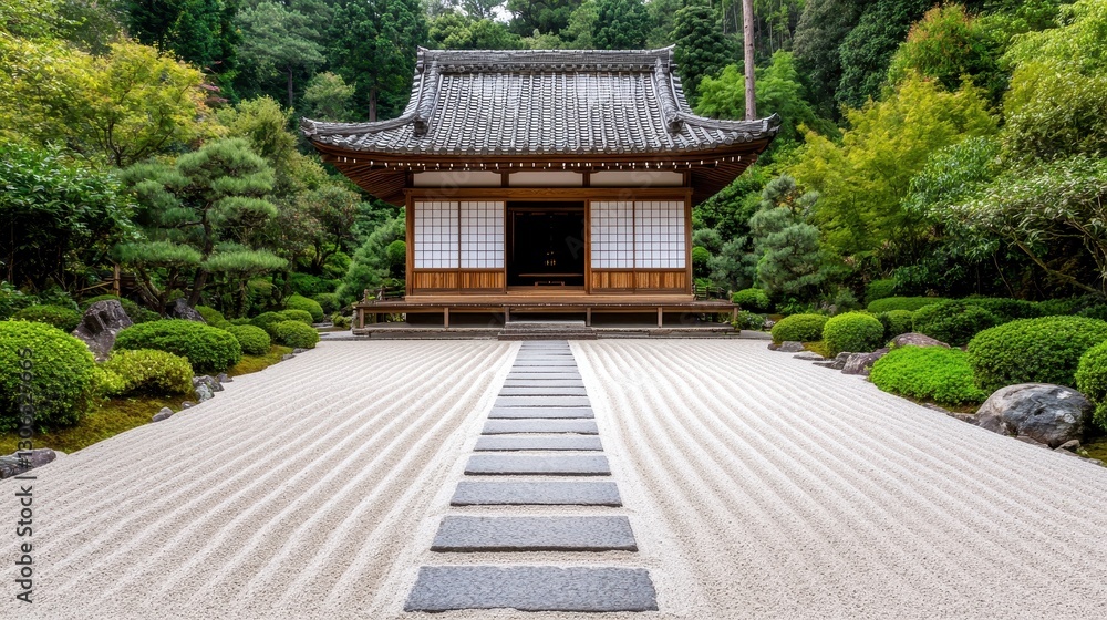 Traditional Zen Garden with Stone Pathway and Wooden Pavilion Surrounded by Lush Greenery and Sand Patterns Traditional Zen Garden with Stone Pathway and Wooden Pavilion Surrounded by Lush Greenery and Sand Patterns