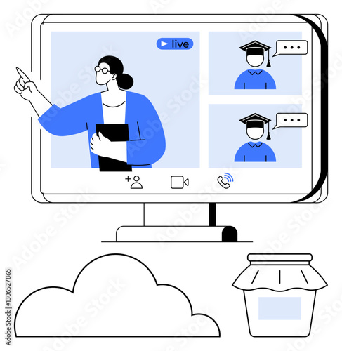 Instructor presenting in an online learning platform with graduates attending live. Ideal for education, webinars, e-learning, communication, graduation, virtual collaboration, Flat simple metaphor