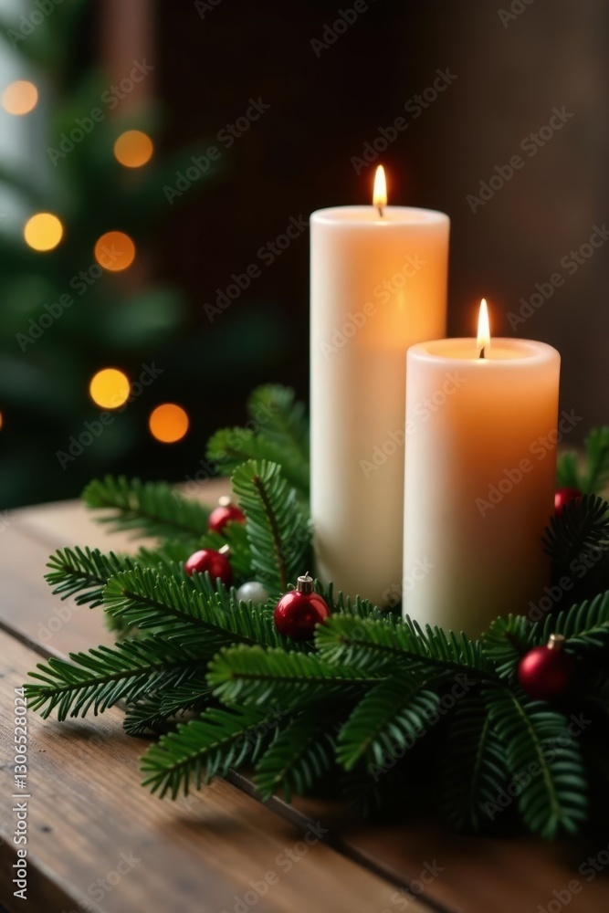 Candles nestled in evergreen garland on a wooden table, rustic ambiance, wooden table Candles nestled in evergreen garland on a wooden table, rustic ambiance, wooden table