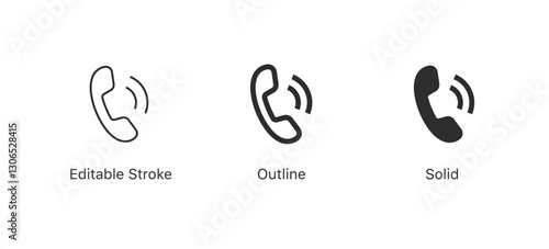 Ringing Phone icon set, Telephone call sign, Contact us icon in three styles: editable stroke, outline and solid