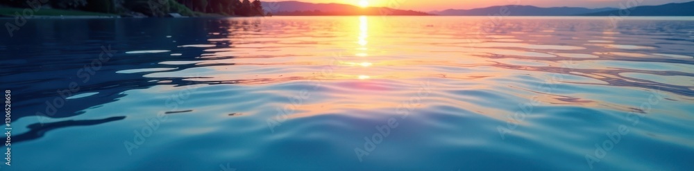 Obraz premium Serene blue water, gentle ripples, tranquil sunset reflection, still, sky, photo
